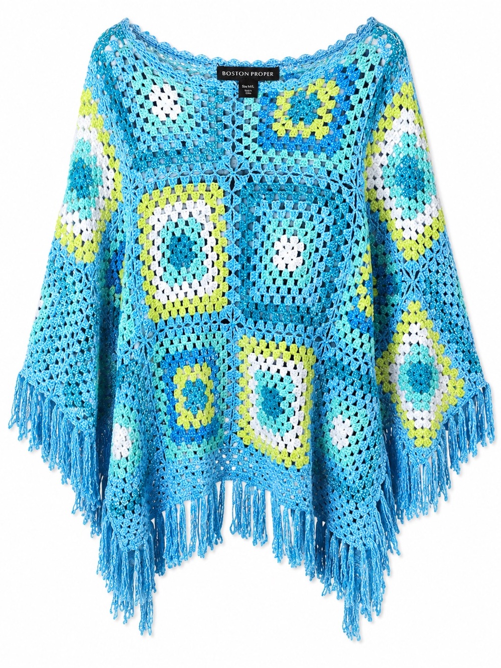 Boston Proper Crochet Fringe Poncho Boho‎ Coastal Cowgirl Festival Cover Up M/L